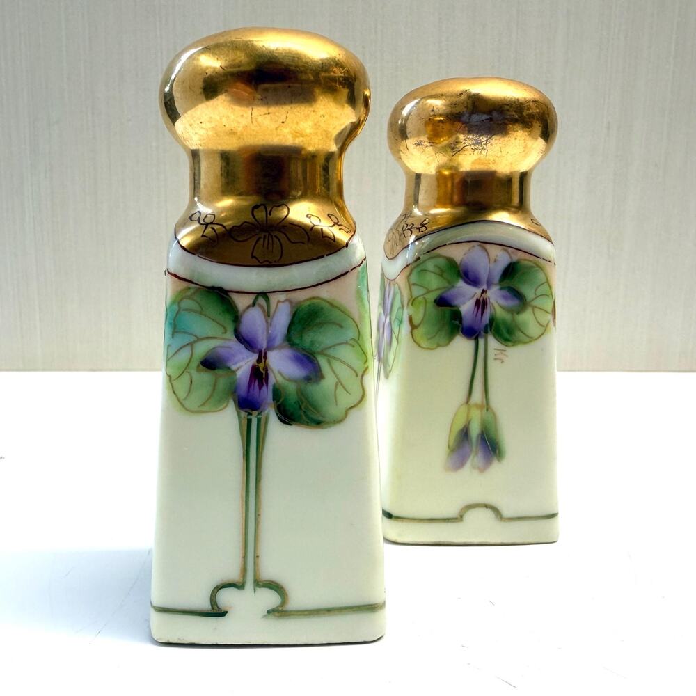 Vintage Porcelain Salt Pepper Shakers Art Nouveau Purple Violets Gold Toned Tops